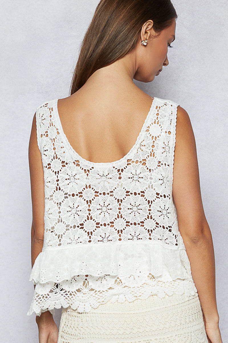 Layered Crochet Eyelet Top in White (REG)