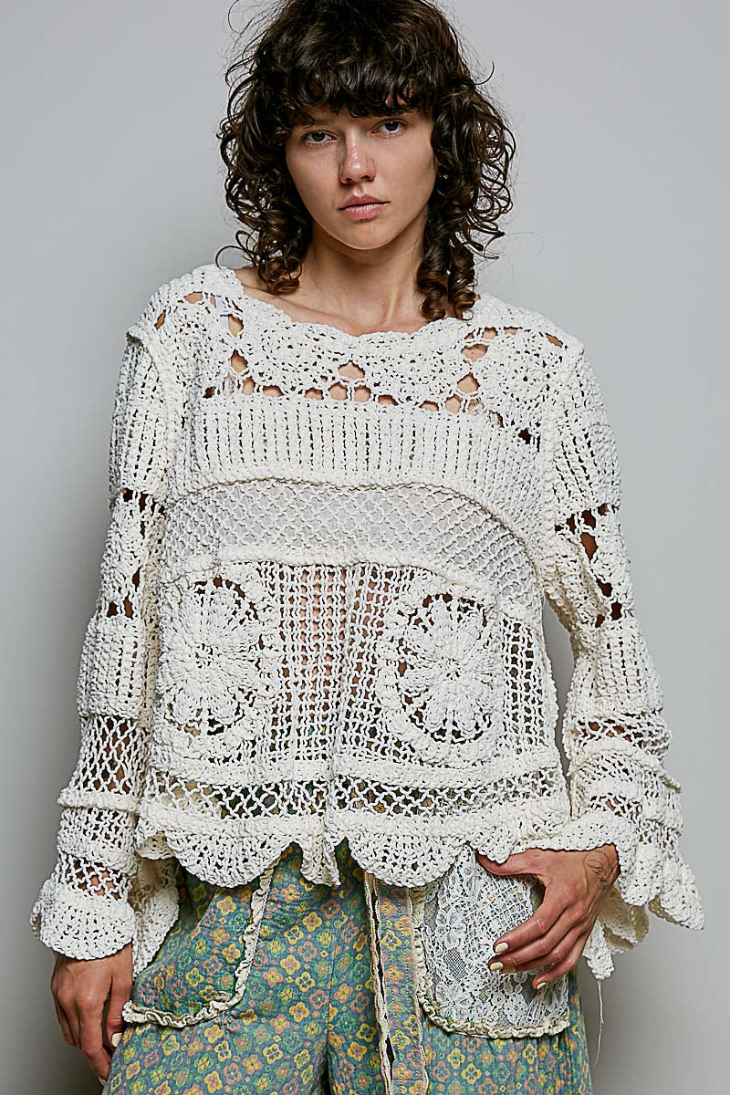 Boho Crochet Scallop Top in Cream (REG)
