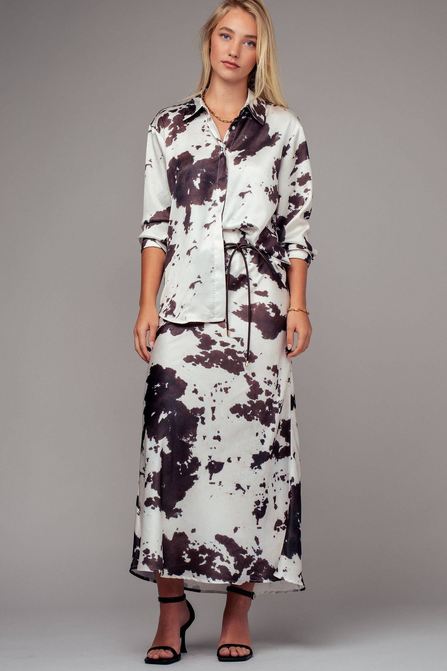 Cow Print Satin Midi Skirt (REG)