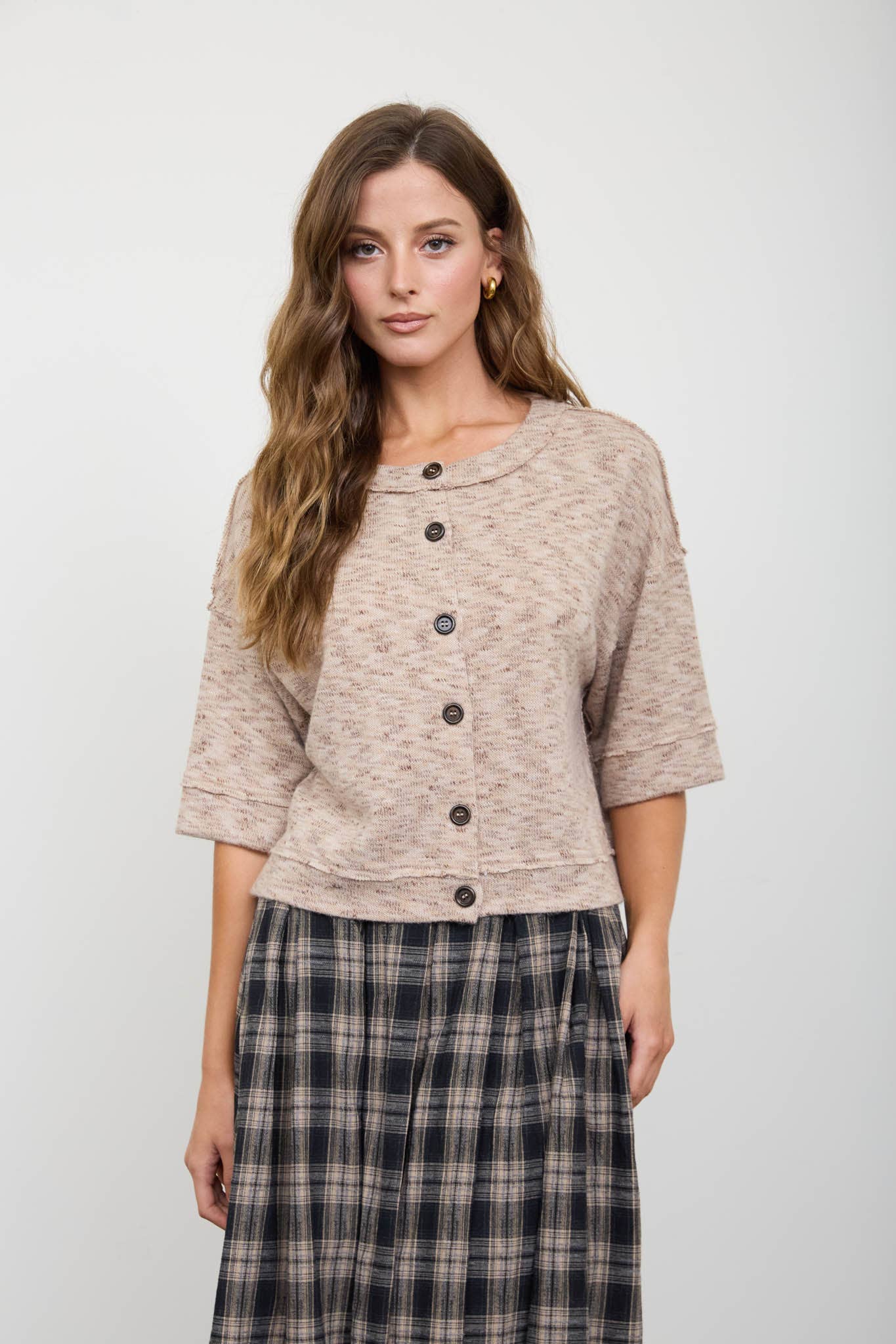 Marled Taupe Short Sleeve Cardigan (REG)
