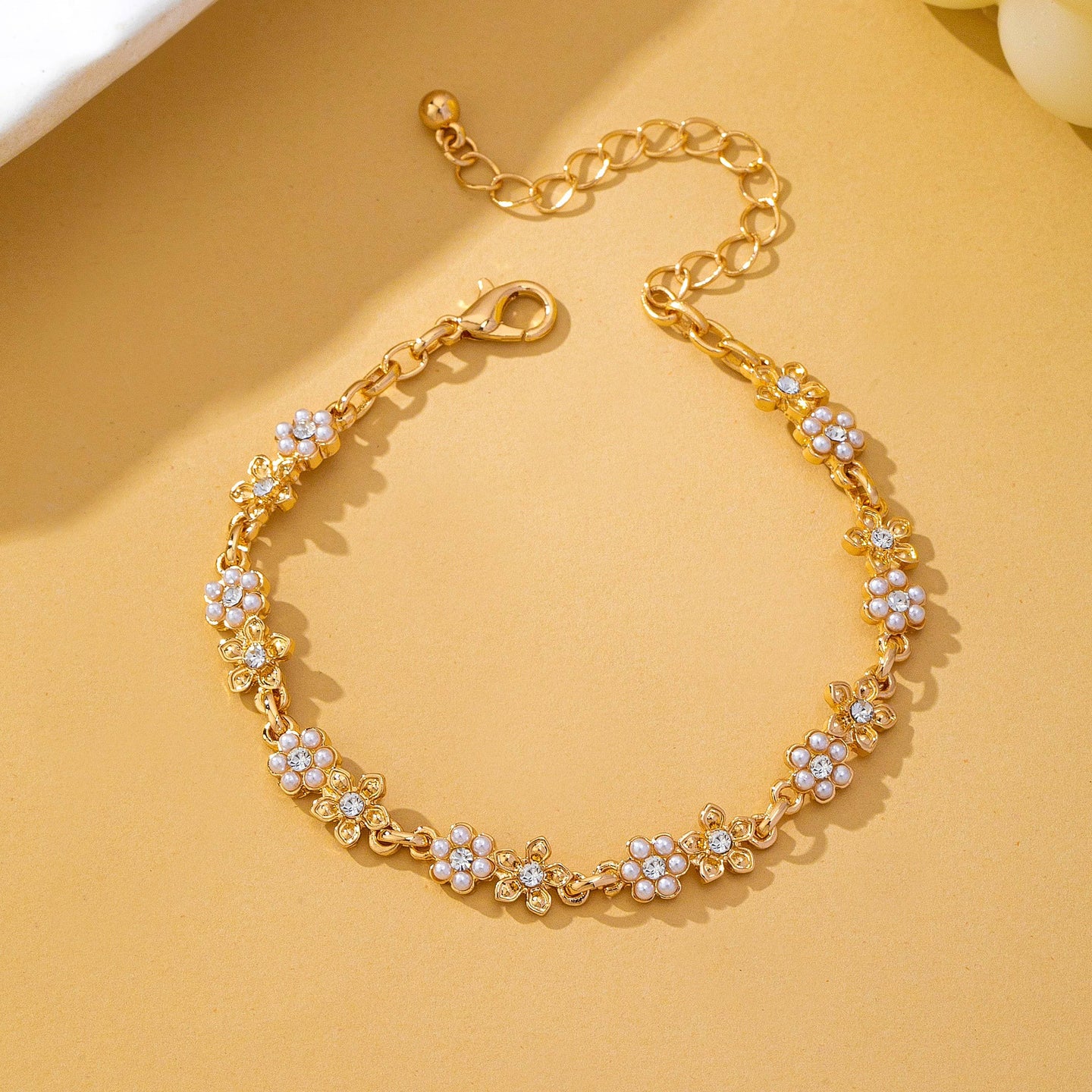 Pearl and Rhinestone Flower Bracelet