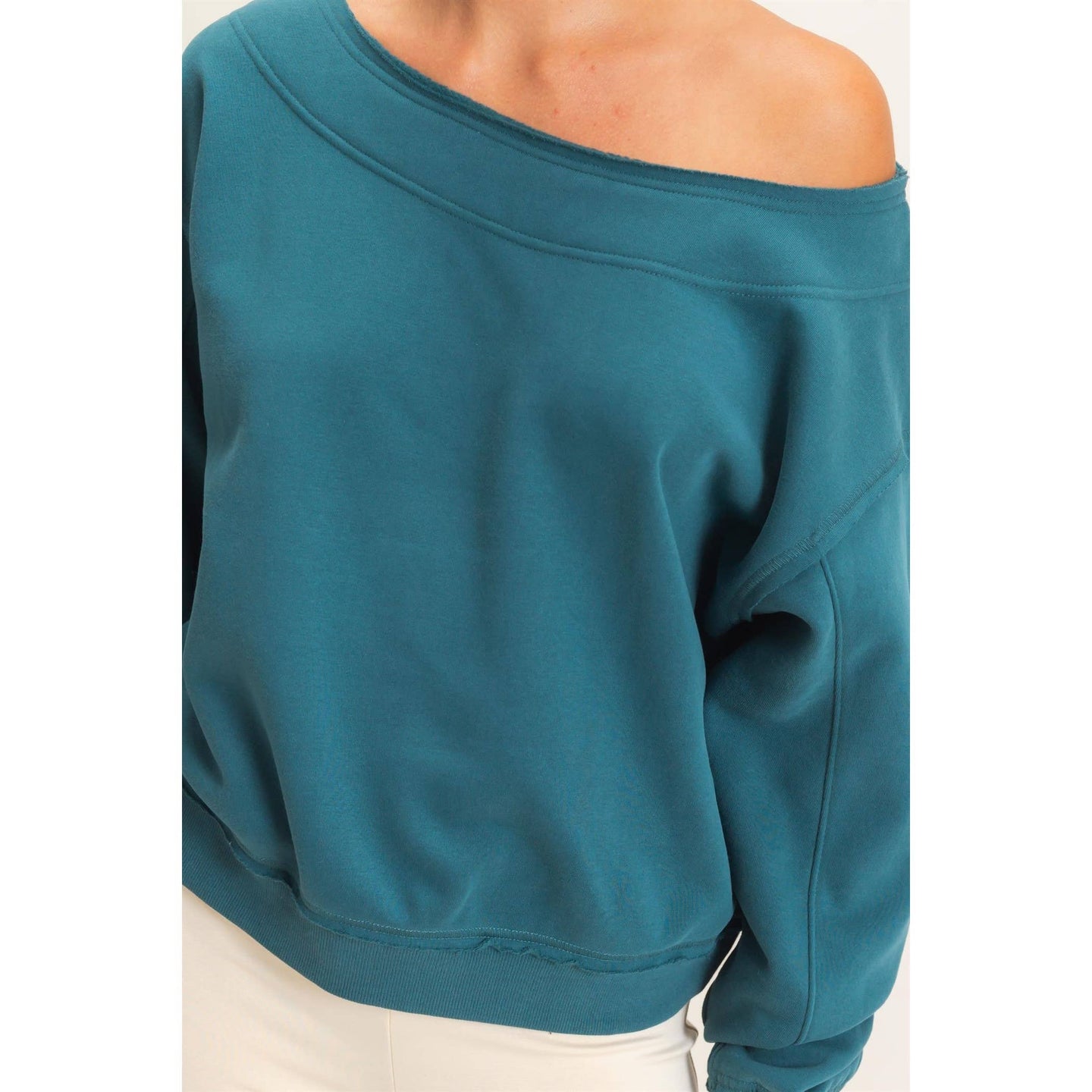 Raw Edge Off Shoulder Sweatshirt in Teal (REG)