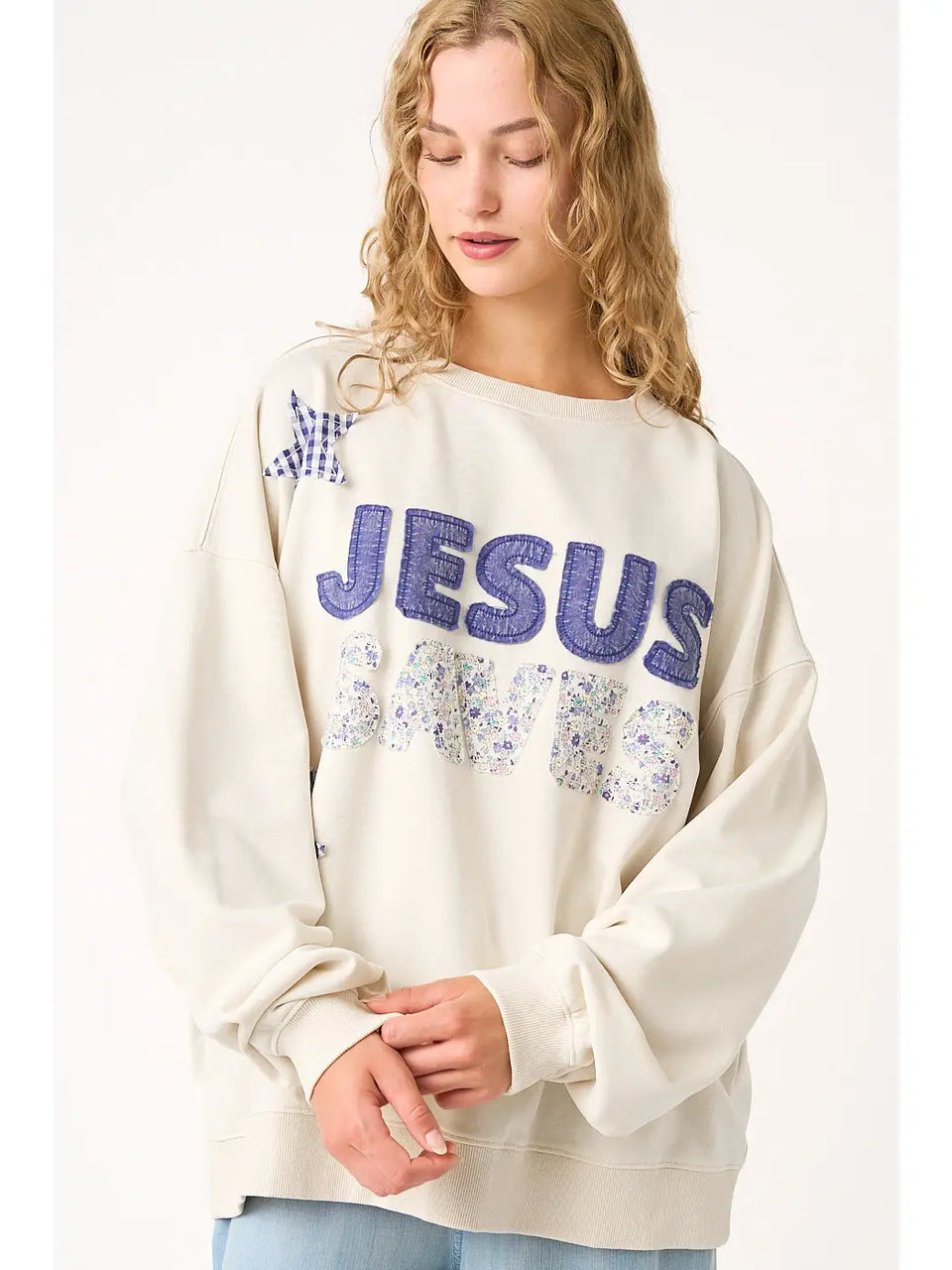 Jesus Saves Patchwork Sweatshirt in Oat (REG)