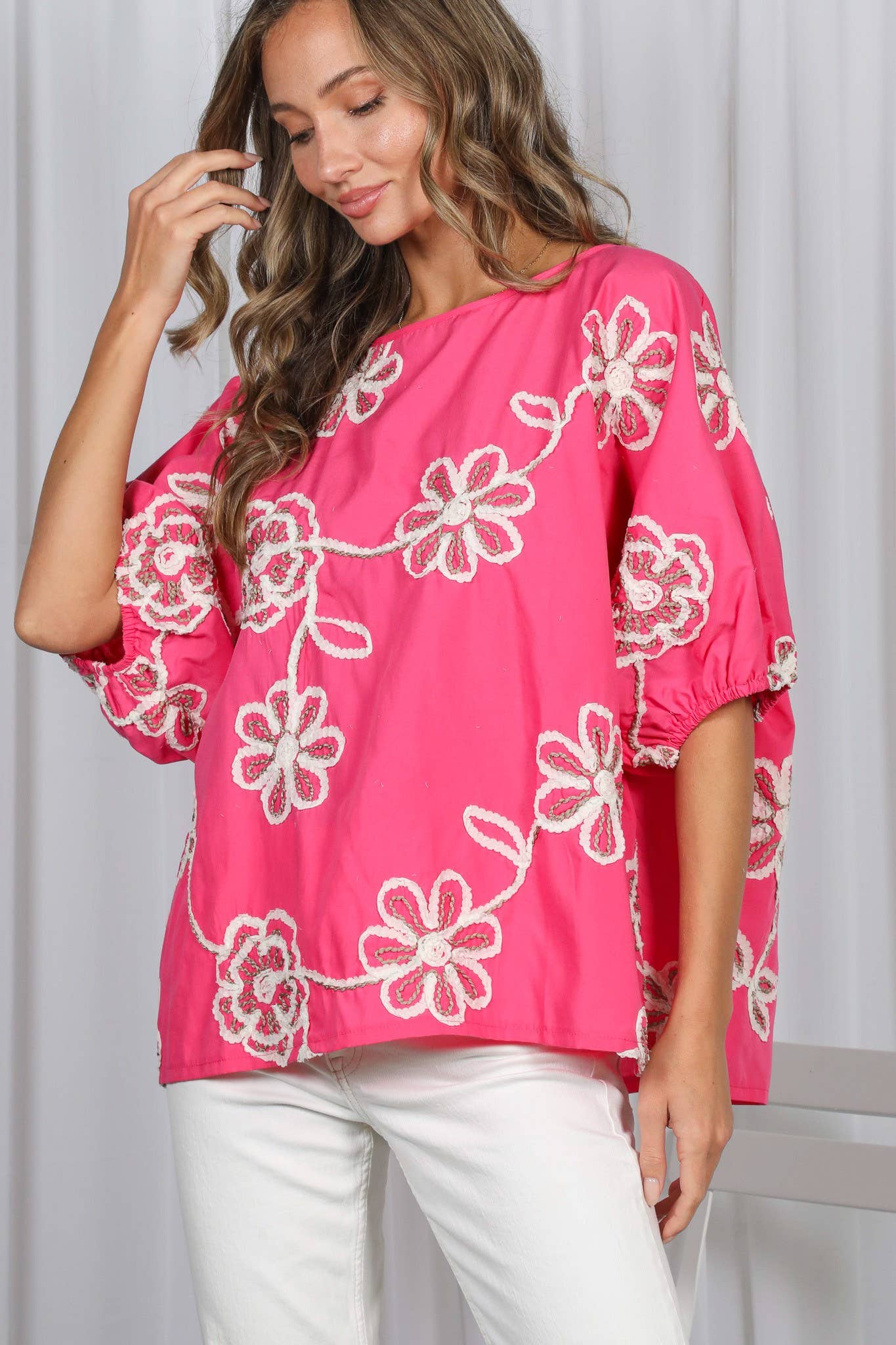 3D Floral Blouse Top in Pink (PLUS)