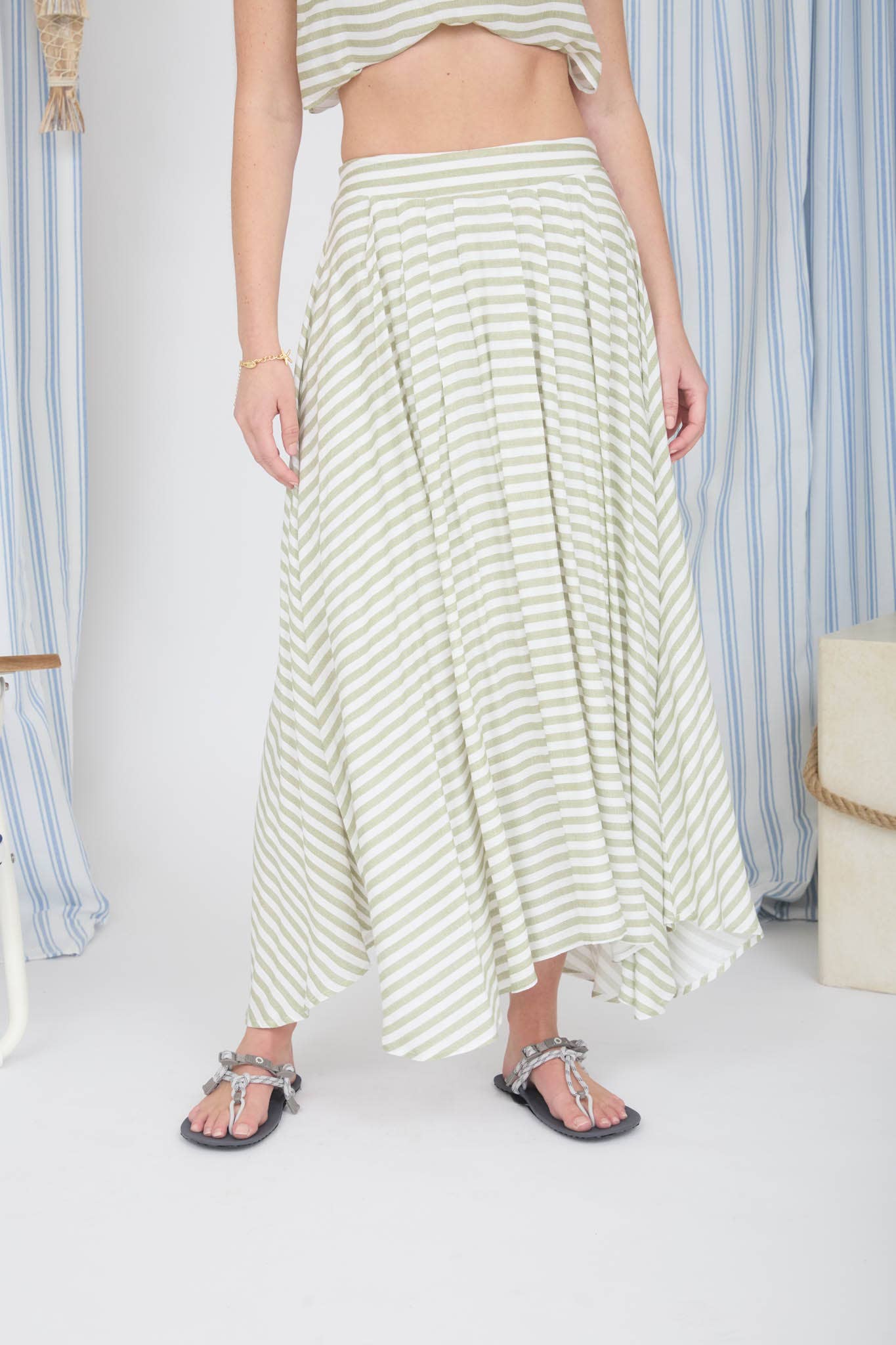 High Waisted Striped Midi Skirt in Lt Olive (REG)