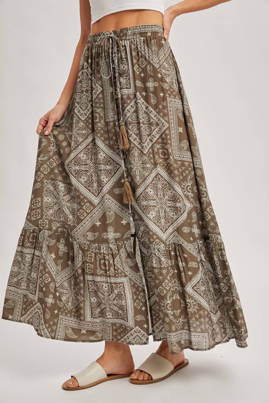 Boho Print Tiered Maxi Skirt in Mocha (REG)