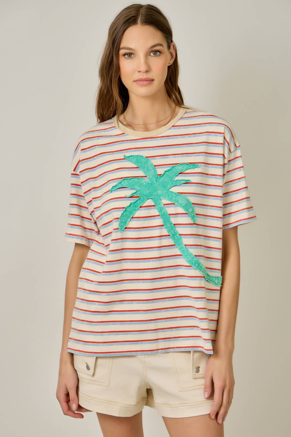 Palm Patch Striped Top in Ivory/Emerald (REG)