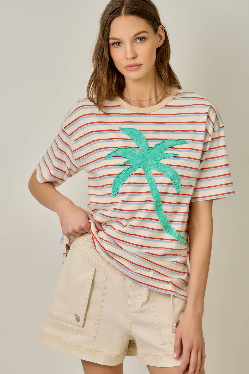 Palm Patch Striped Top in Ivory/Emerald (REG)
