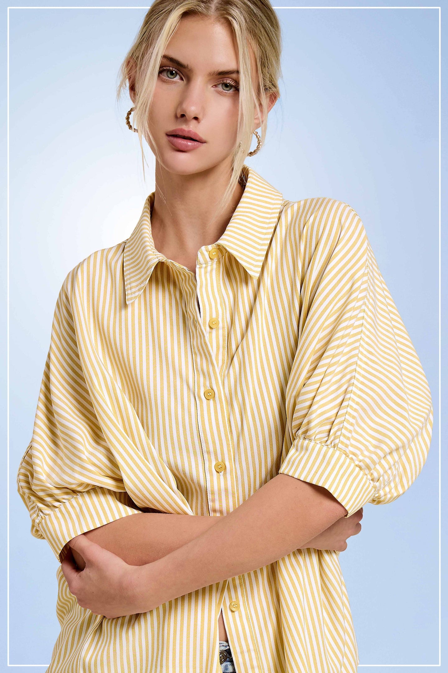 3/4 Sleeve Button Down Striped Shirt in Lemon (REG)