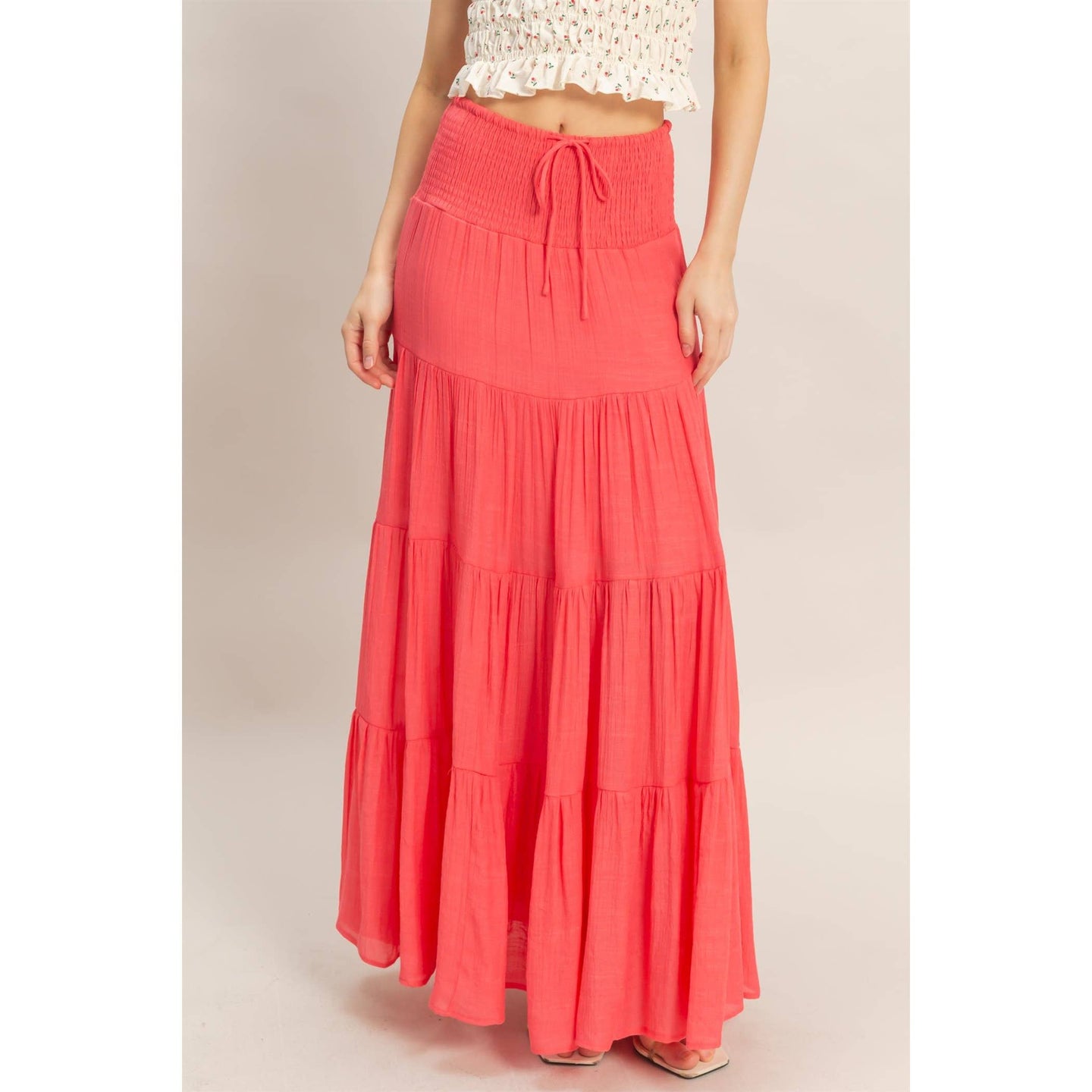 Tiered Drawstring Skirt in Coral Red (REG)
