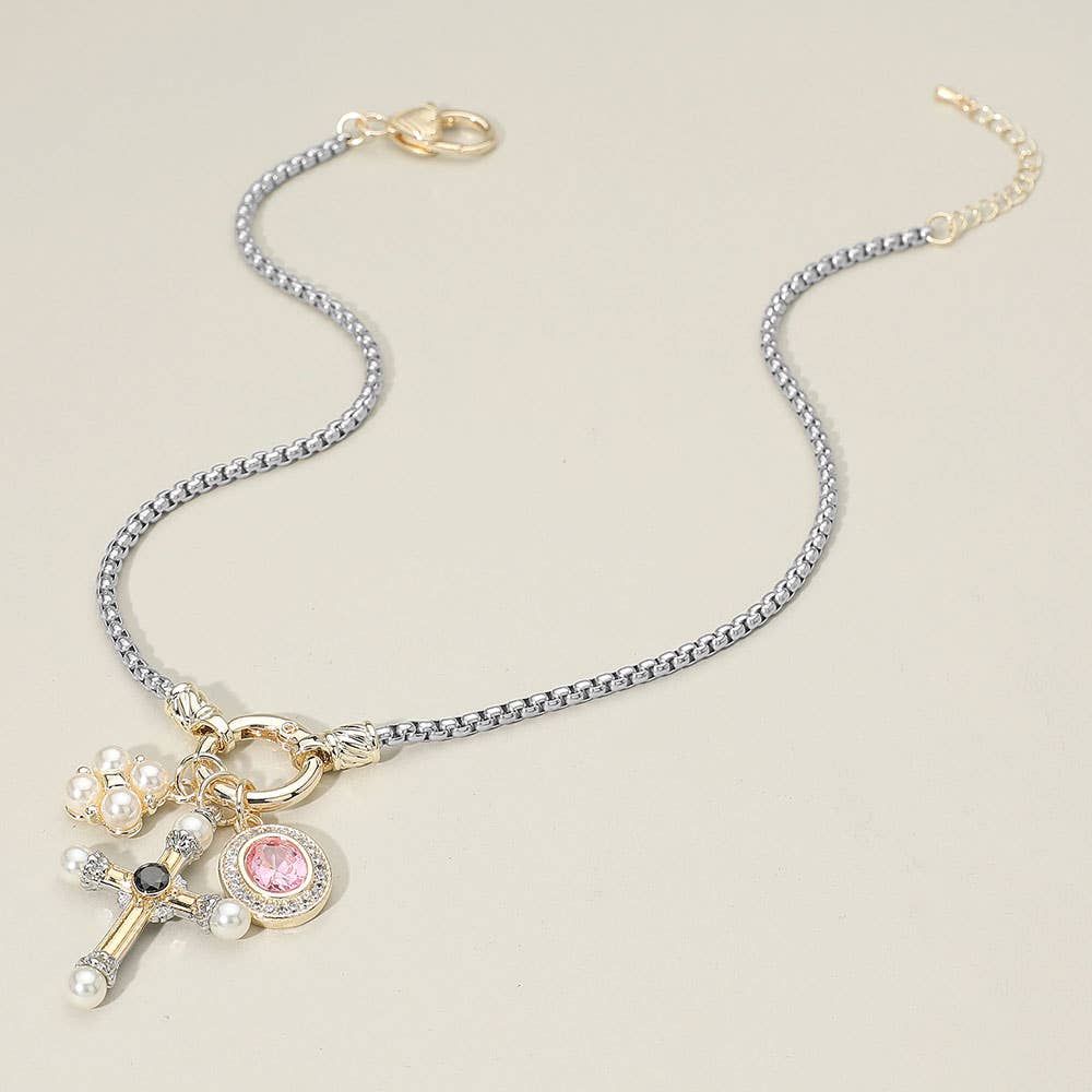 14K Plated  CZ Pearl Cross Charm Necklace