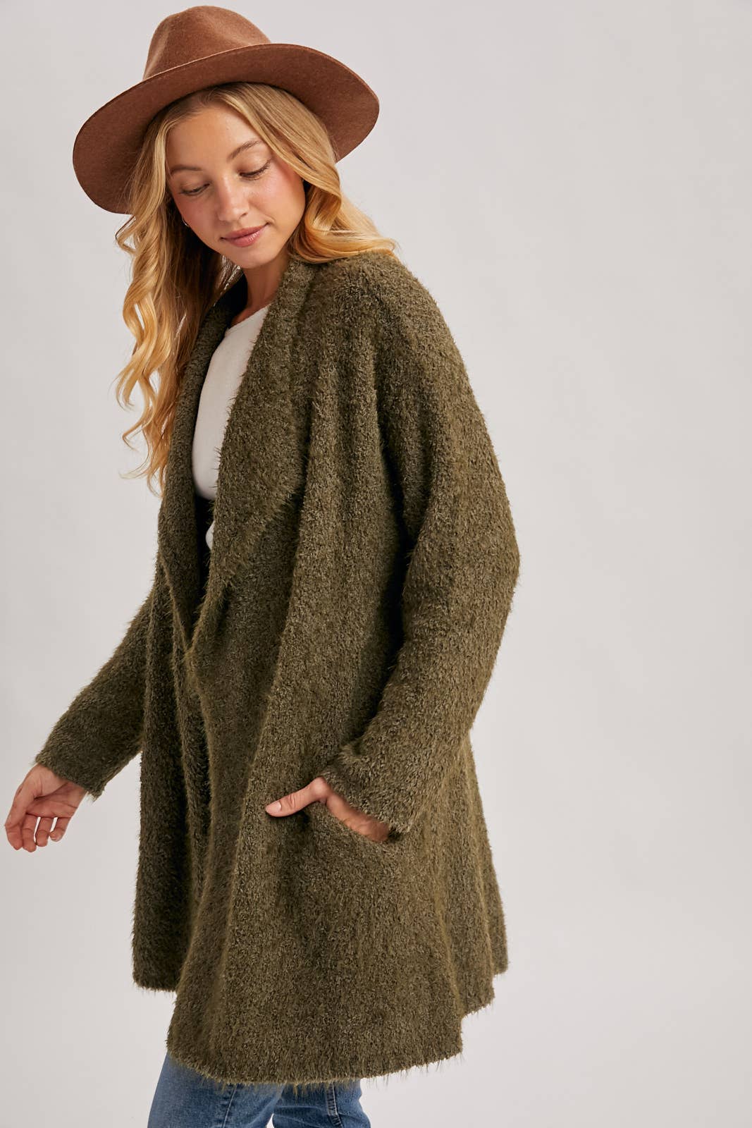 Fuzzy Drape Front Cardigan in Olive (REG)