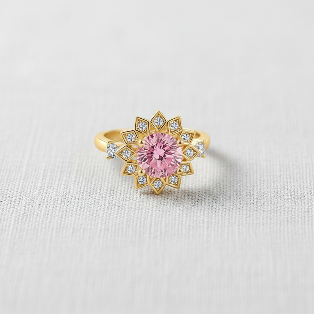 Pink Sunflower Crystal Spinner Ring