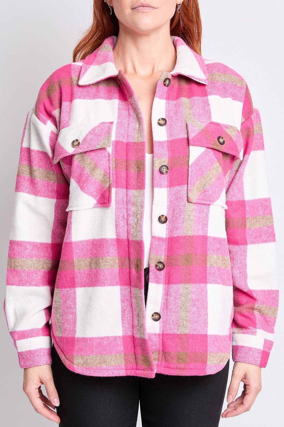 Plaid Flannel Sherpa Shacket in Pink (REG)