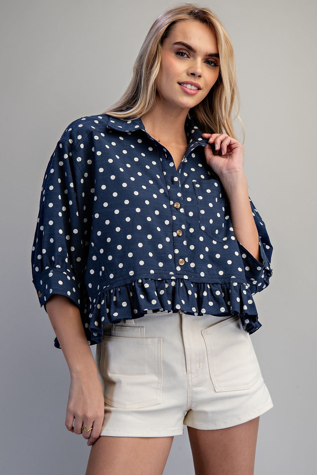 Playful Polka Dot Button Top in Navy (REG)