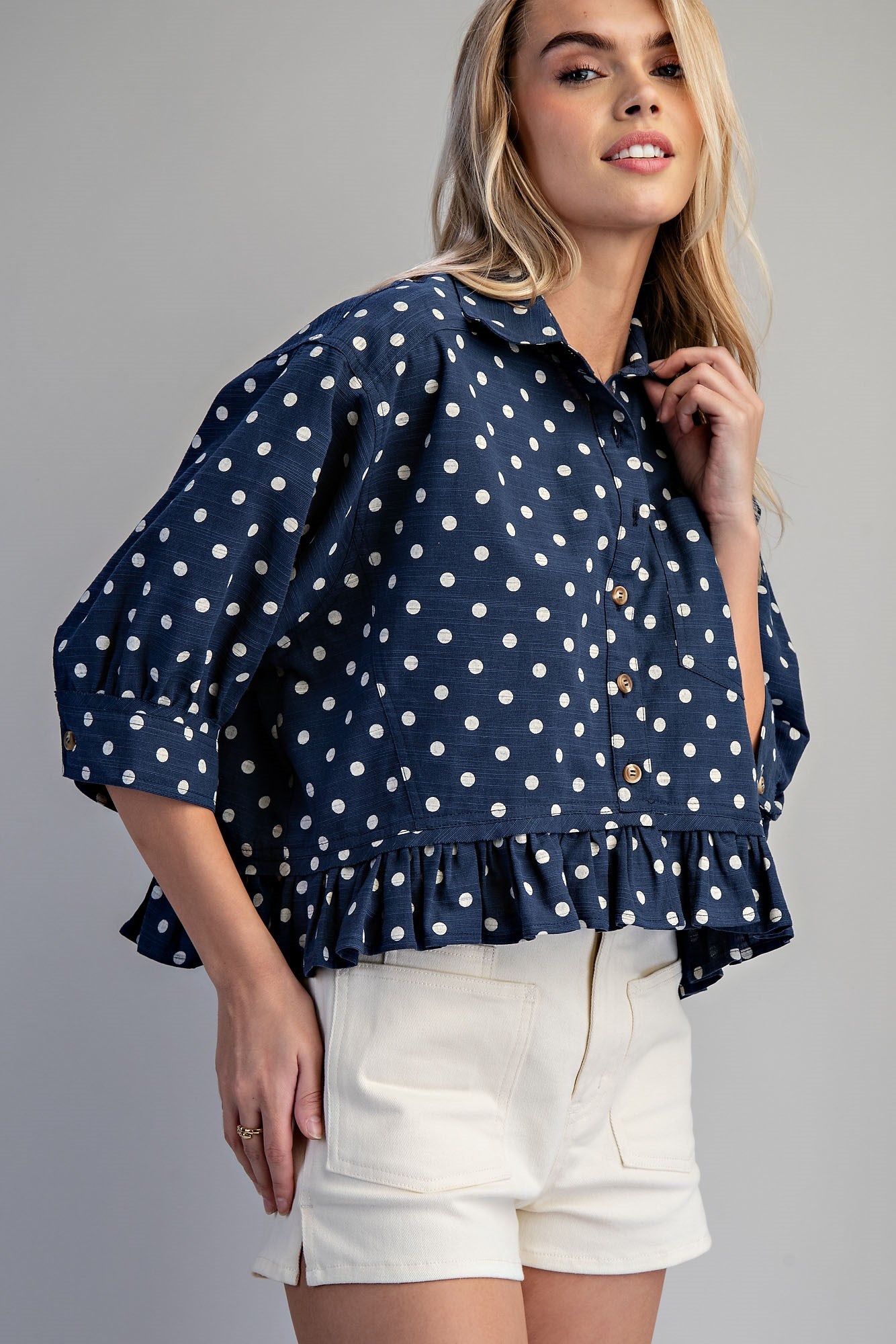 Playful Polka Dot Button Top in Navy (REG)