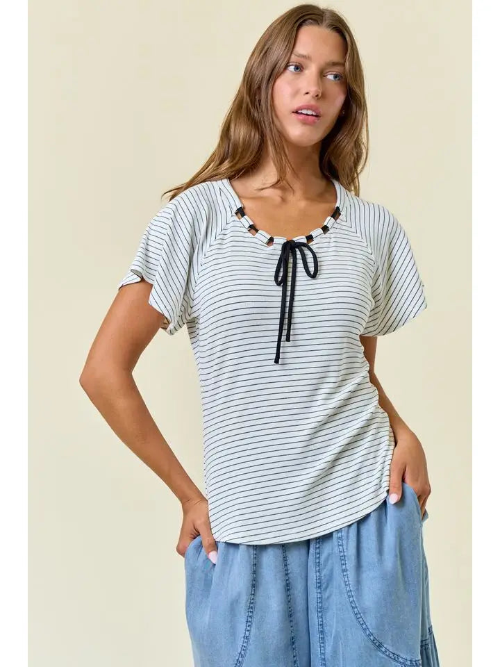 Striped Neck Tie Top in Off White (REG)