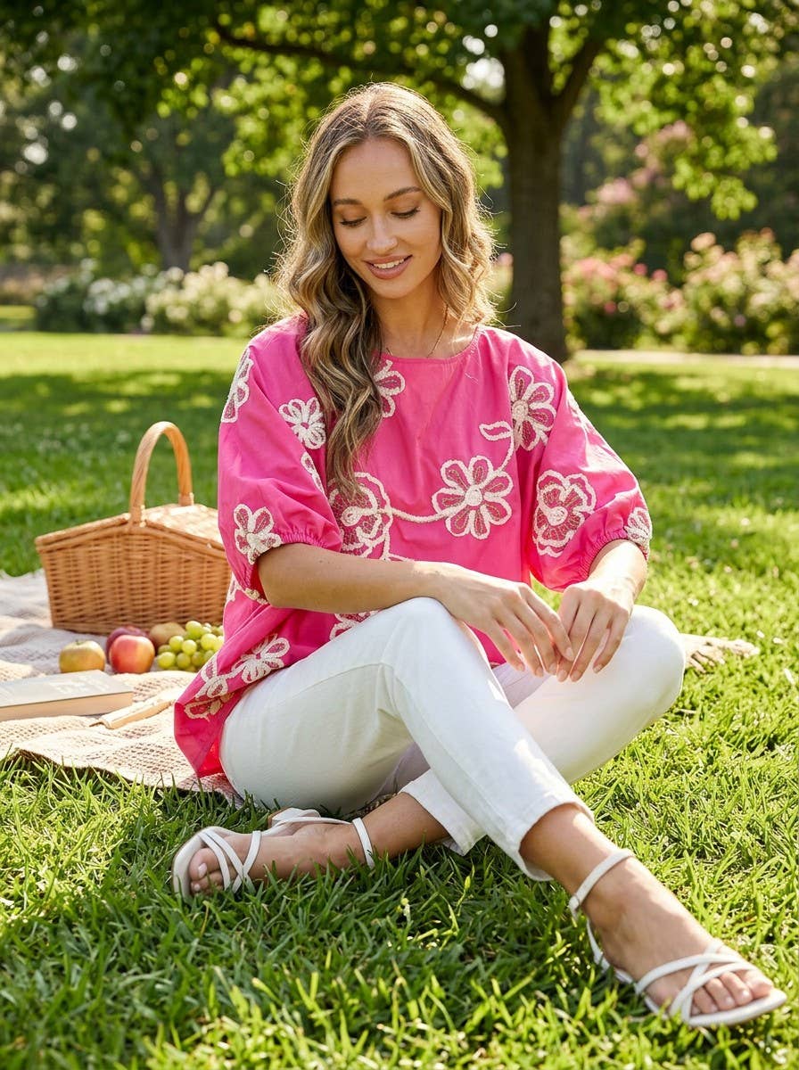 3D Floral Blouse Top in Pink (PLUS)