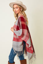 Plaid Fringe Ruana Wrap in Red/Burgundy (REG/PLUS)