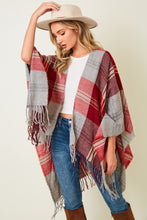 Plaid Fringe Ruana Wrap in Red/Burgundy (REG/PLUS)