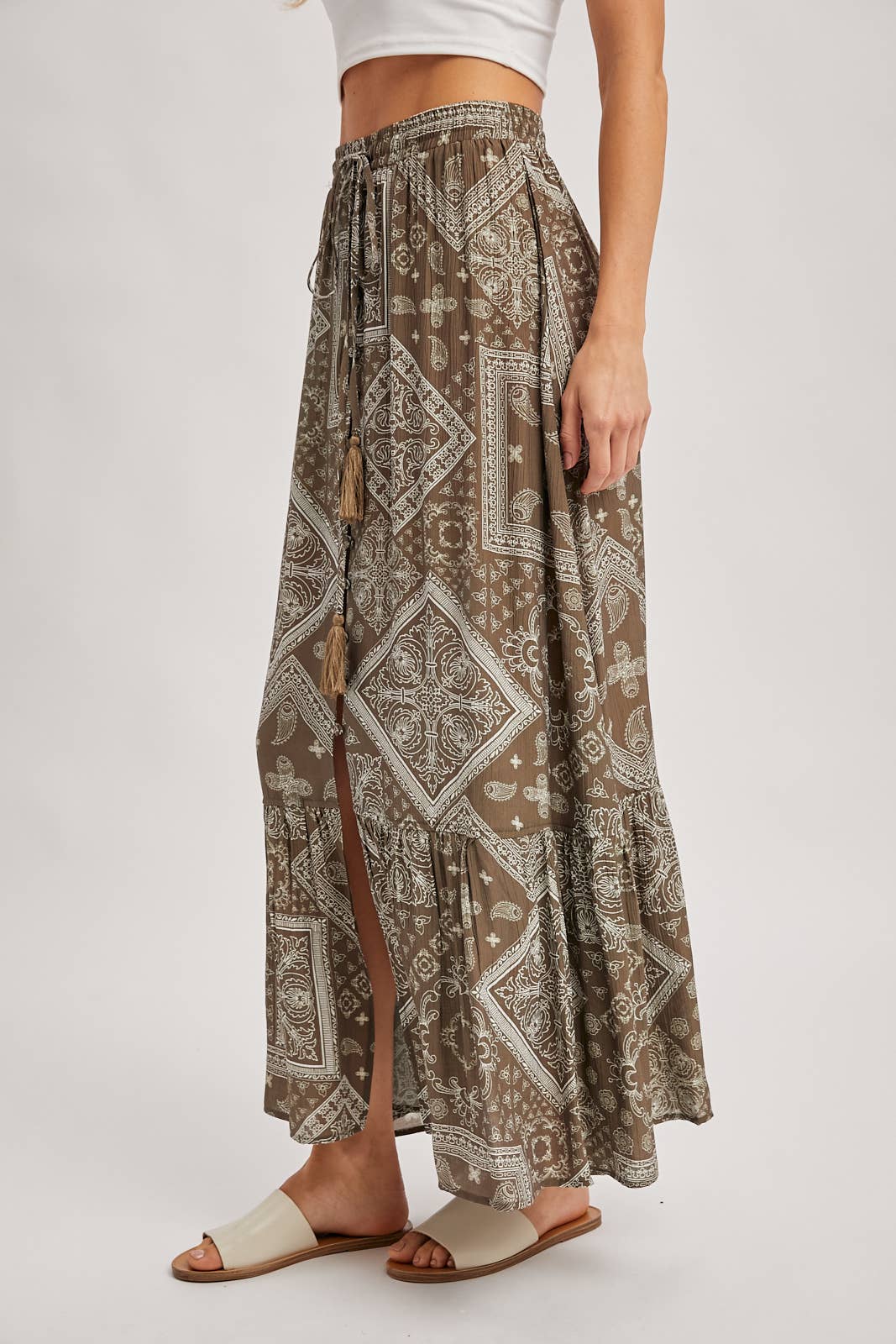 Boho Print Tiered Maxi Skirt in Mocha (REG)