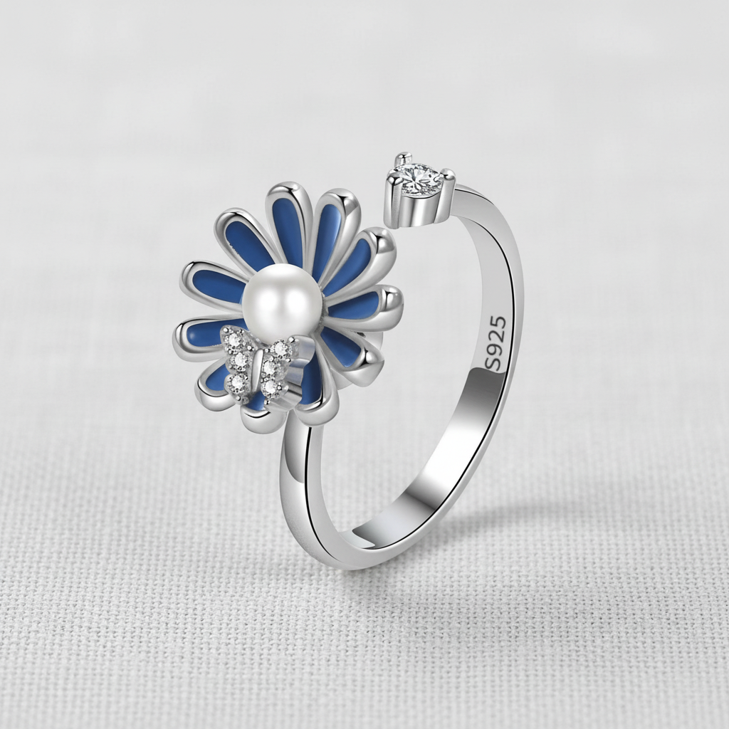 Blue Daisy Pearl Ring