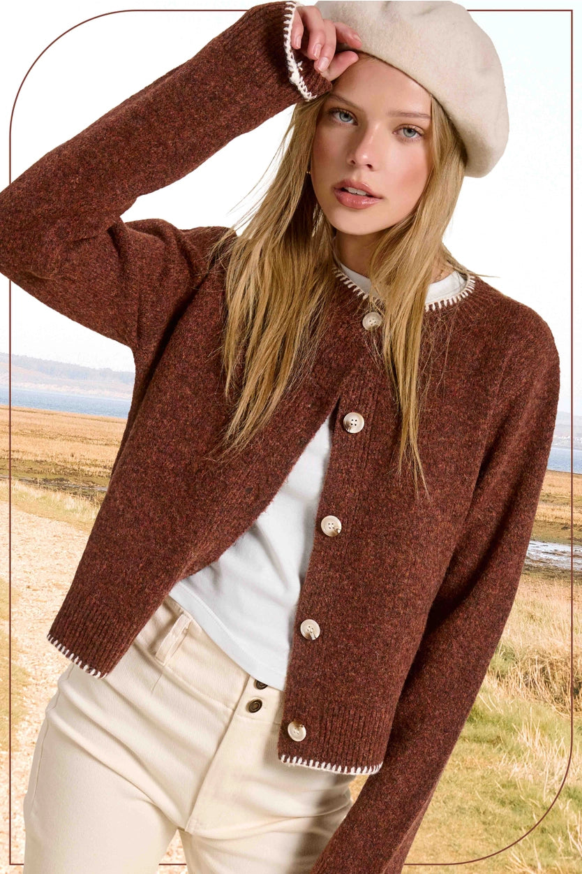 Marble Button Fuzzy Cardigan in Brick (REG)