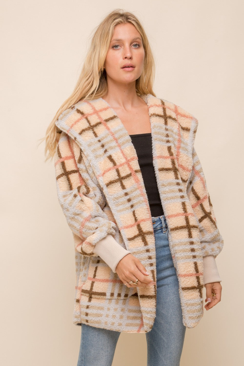 Checked Fur Oversized Hoodie Jacket (REG/PLUS)