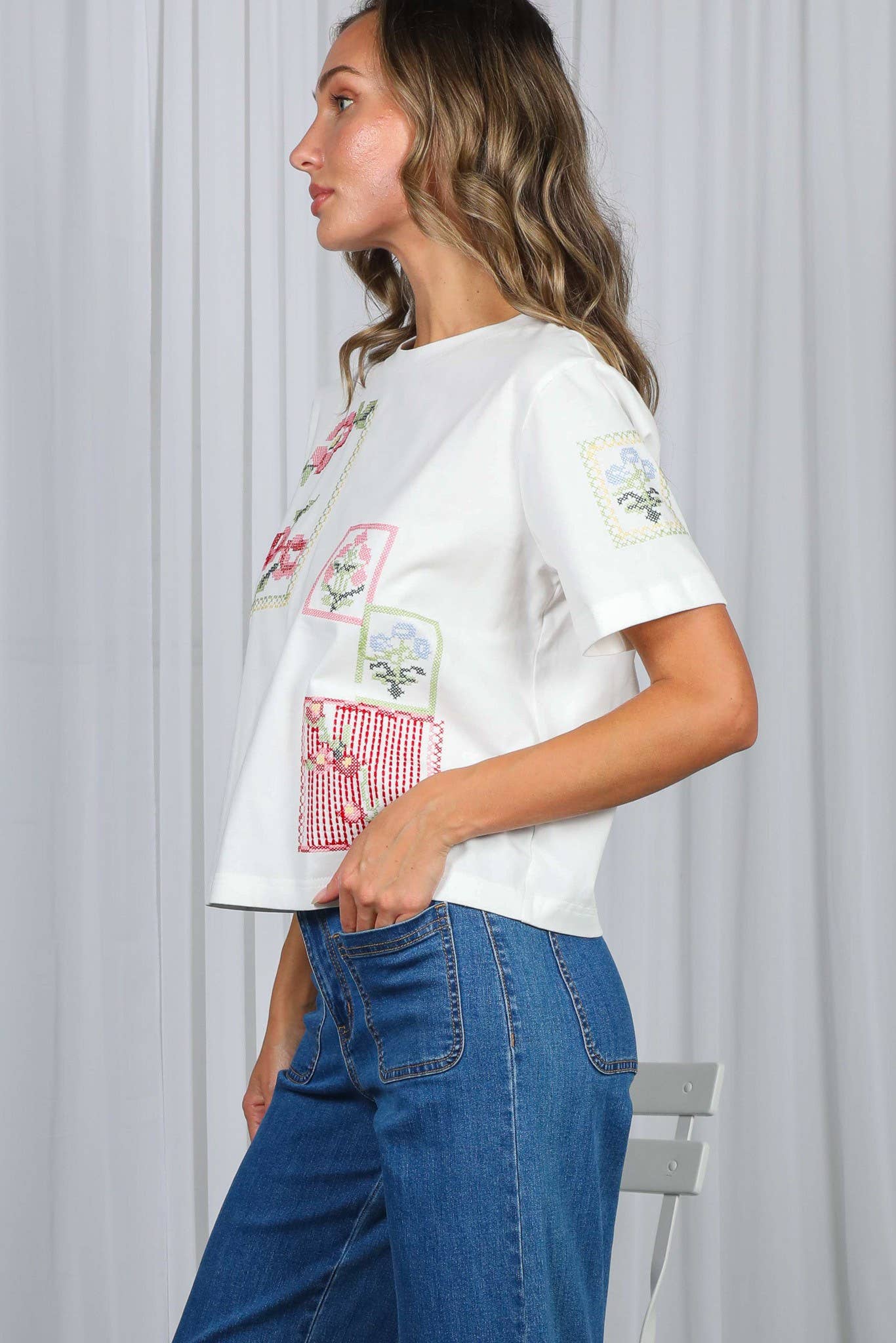 Floral Cross-Stitch Embroidery Top (REG)