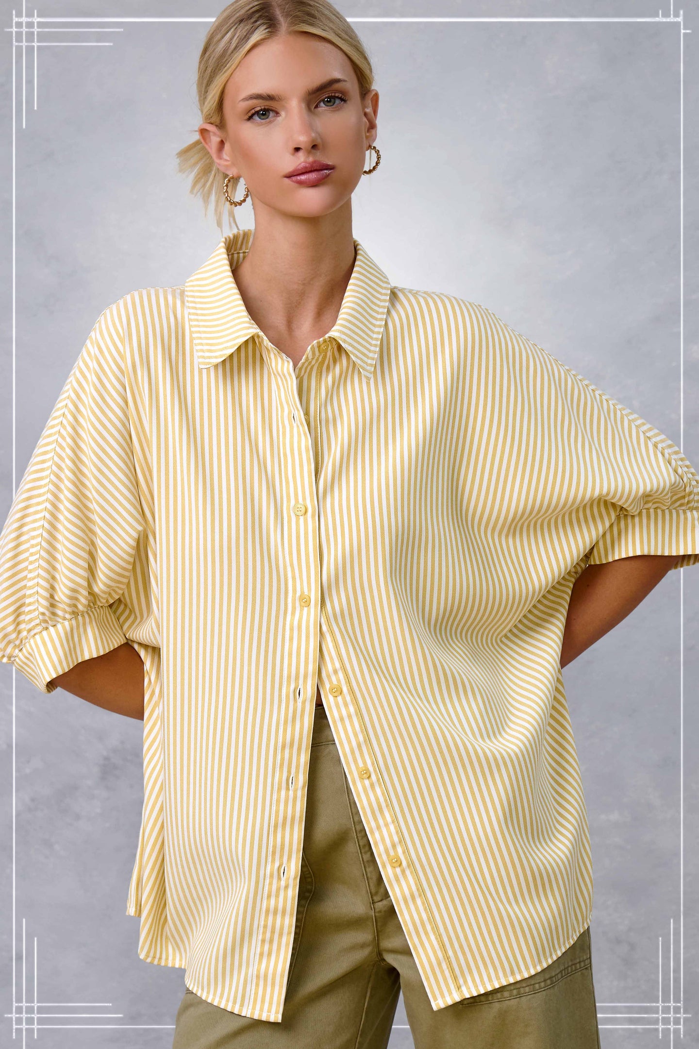 3/4 Sleeve Button Down Striped Shirt in Lemon (REG)