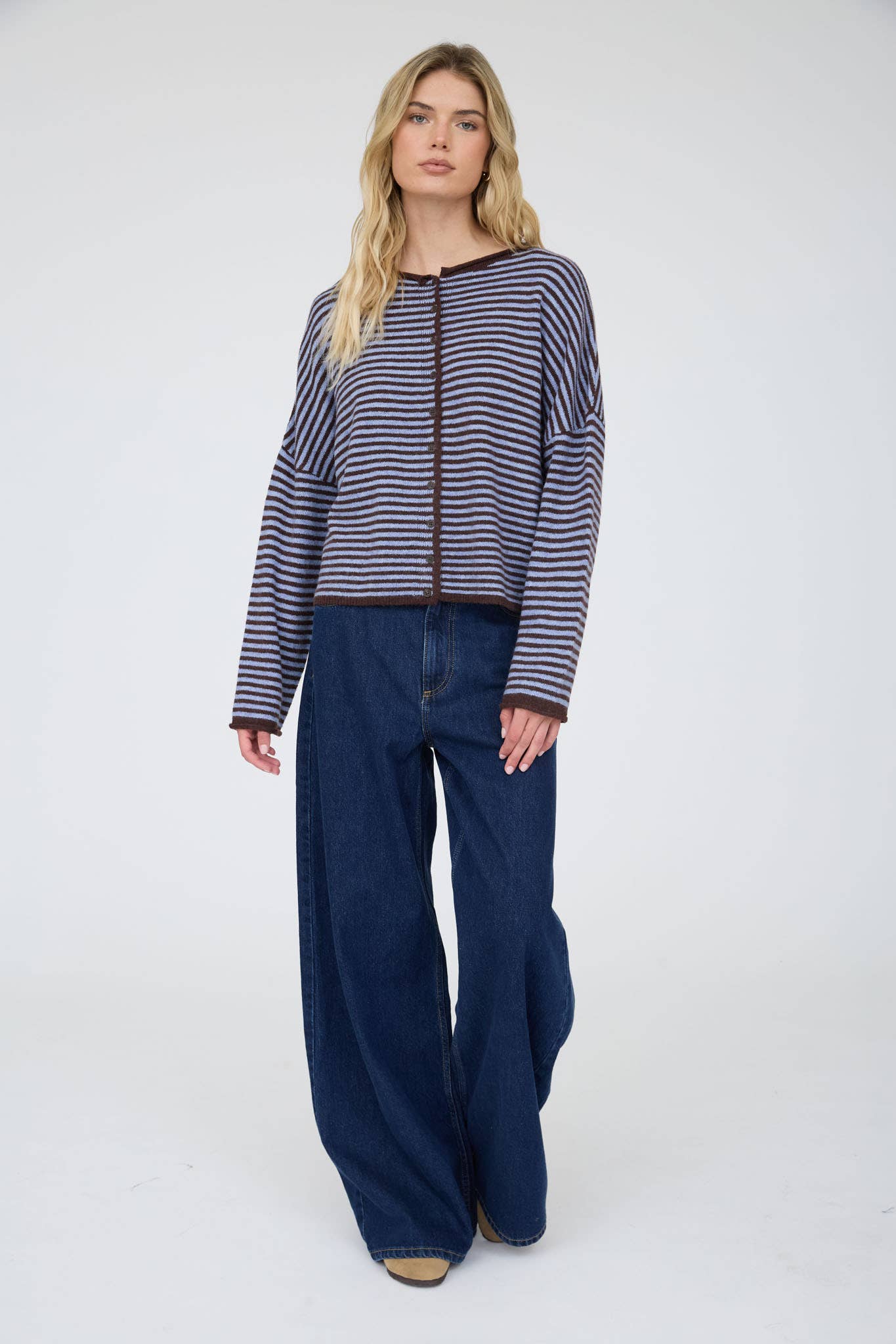 Striped Raw Edge Cardigan in Dark Brown (REG)