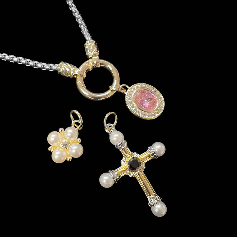 14K Plated  CZ Pearl Cross Charm Necklace