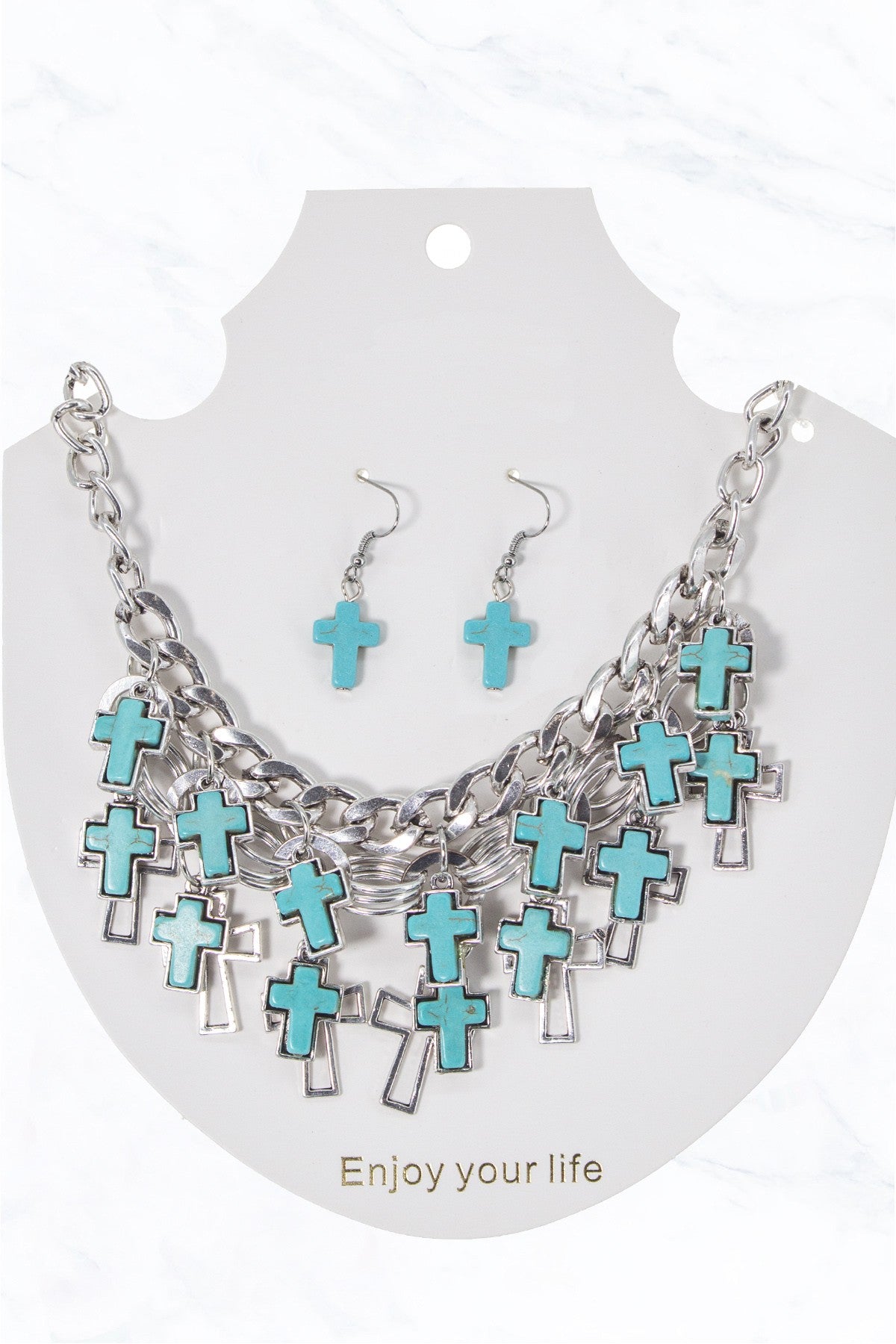 Turquoise Cross Fringe Necklace