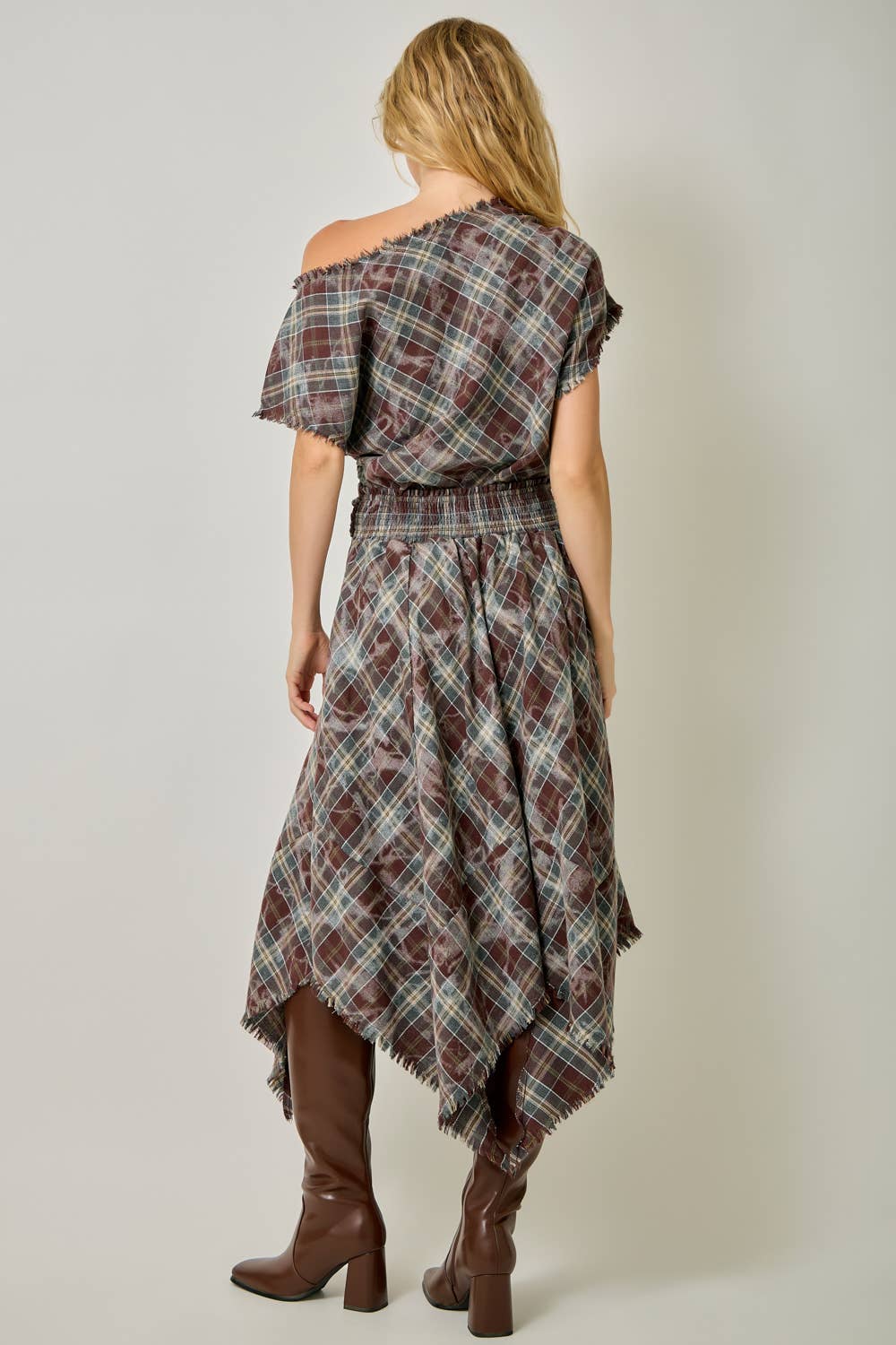 Asymmetrical Frayed Plaid Skirt in Wine/Teal (REG)