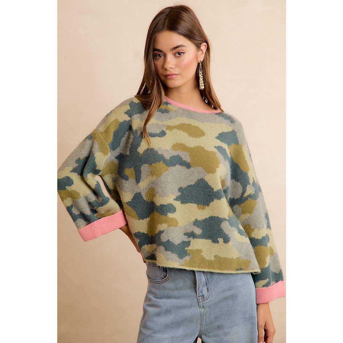 Camo Contrast Roll Sleeve Sweater (REG)