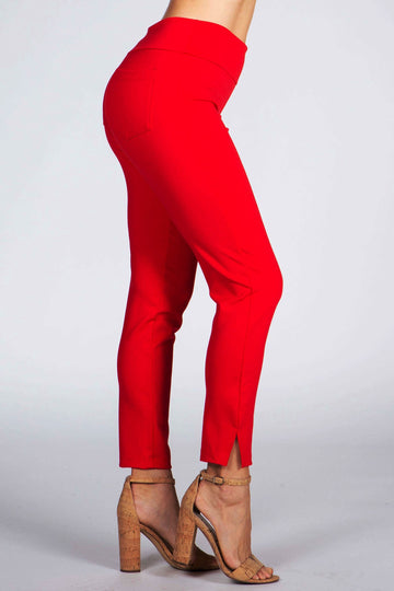 Red Side Slit Cropped Pants with Tummy Control
