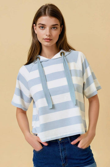 Wide Striped Hoodie Top in Blue (REG)