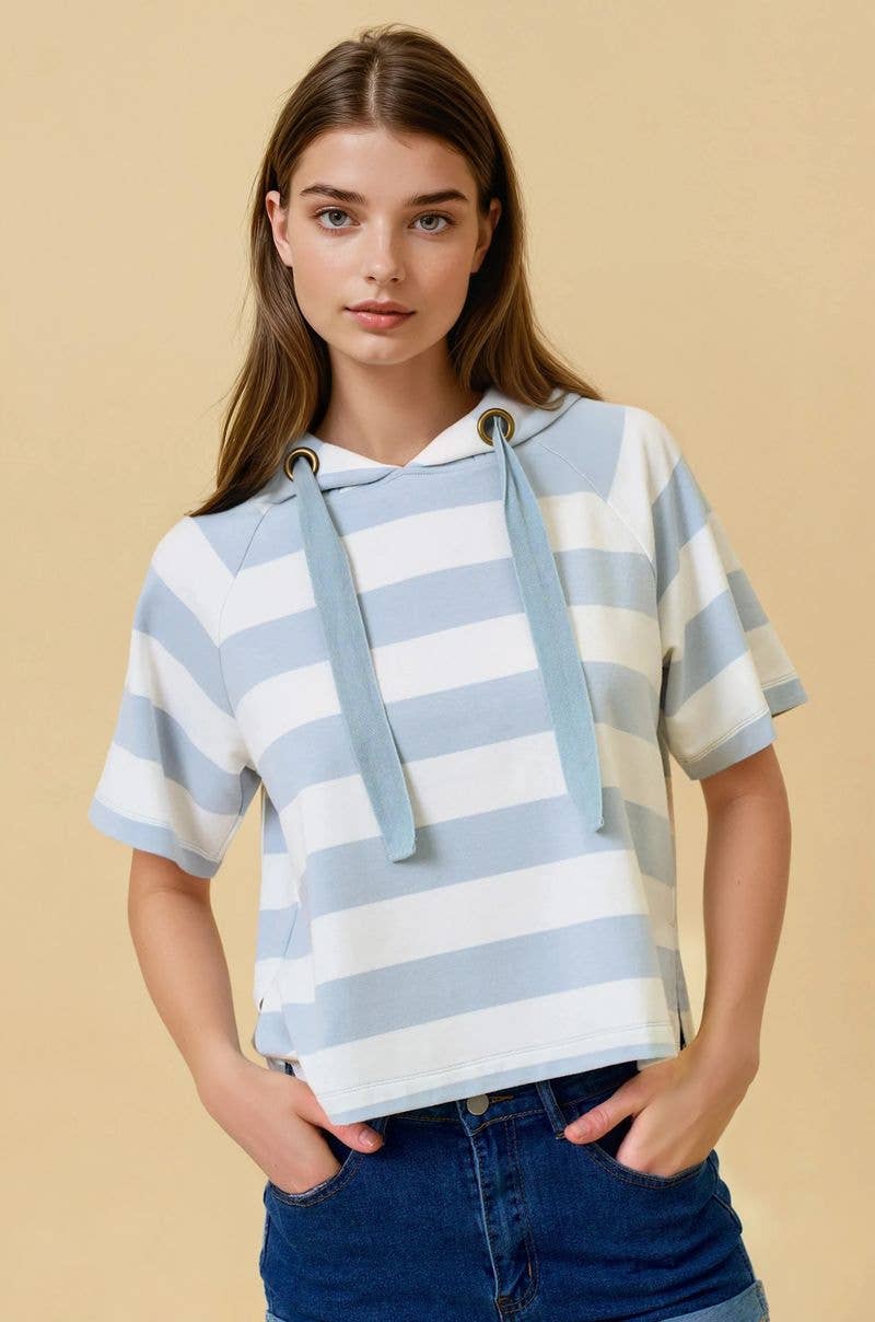 Wide Striped Hoodie Top in Blue (REG)