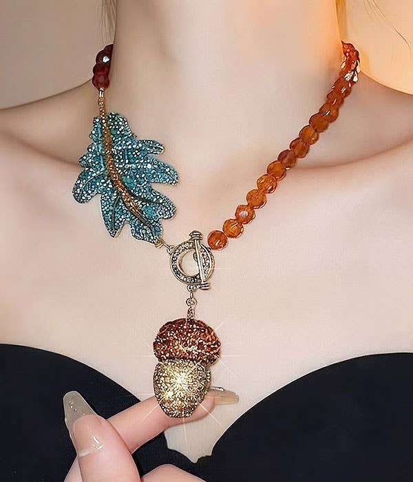 Retro Acorn and Leaf Toggle Necklace