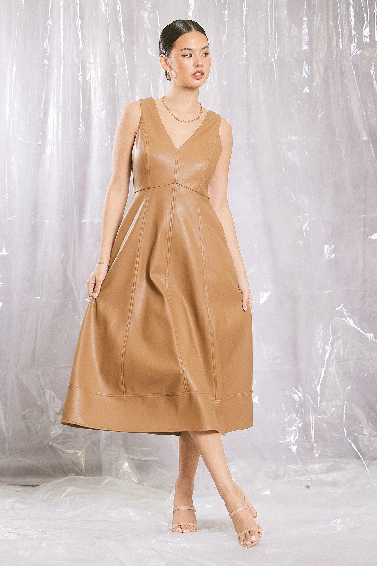 Faux Leather Midi Dress in Chestnut (REG)