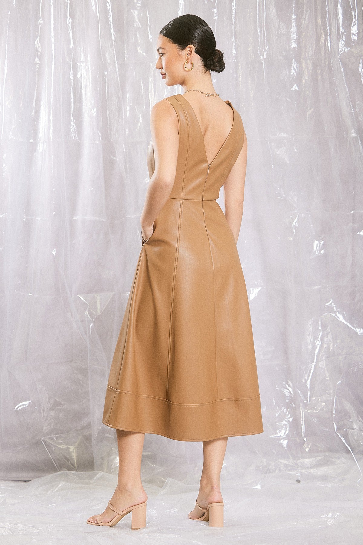 Faux Leather Midi Dress in Chestnut (REG)