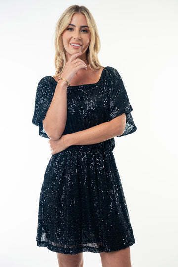 Half Sleeve Black Sequin Dress (REG/PLUS)