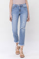 Distressed Mid Rise Crop Straight Jeans with Frayed Hem