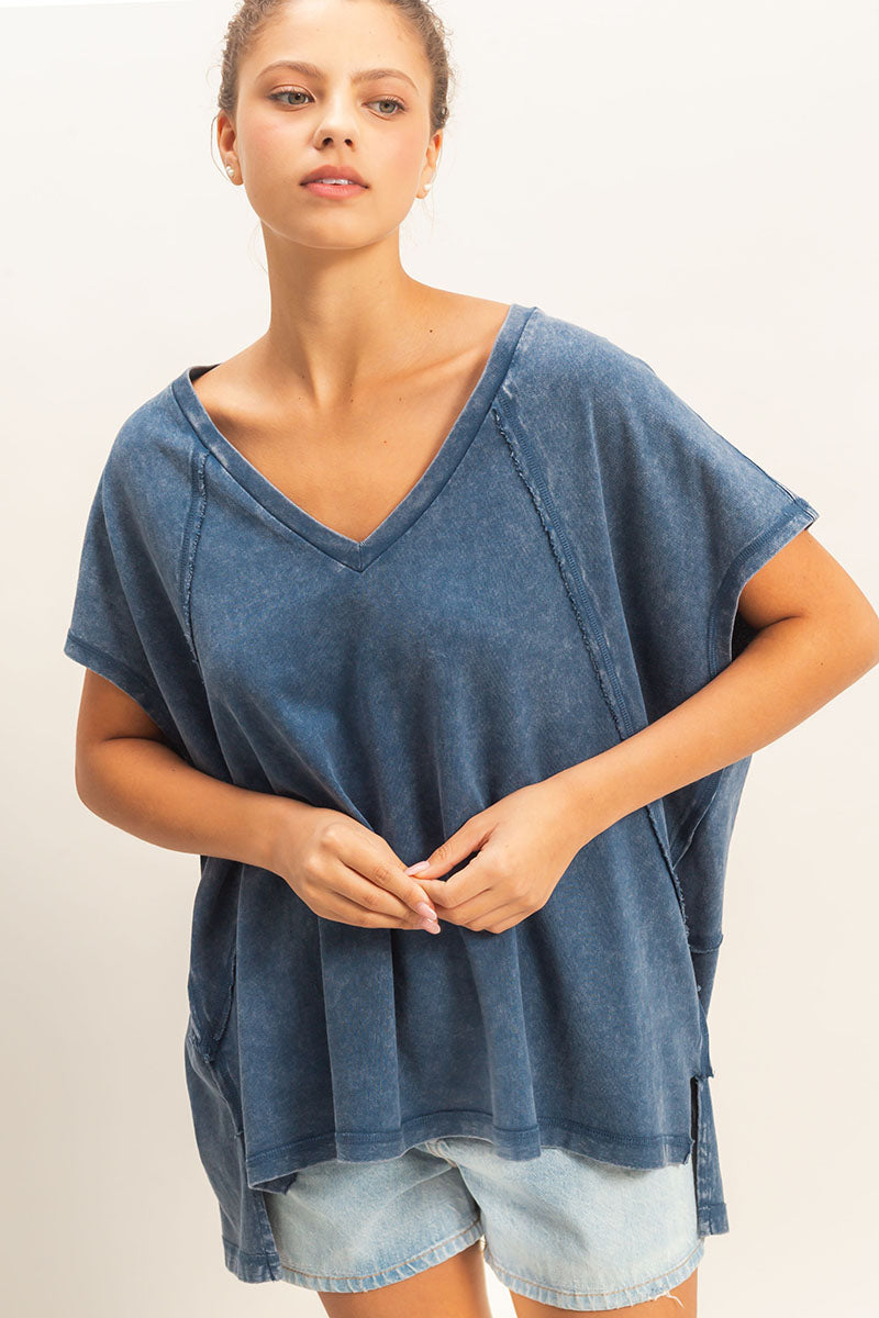 Oversized V-Neck Top in Navy (PLUS)