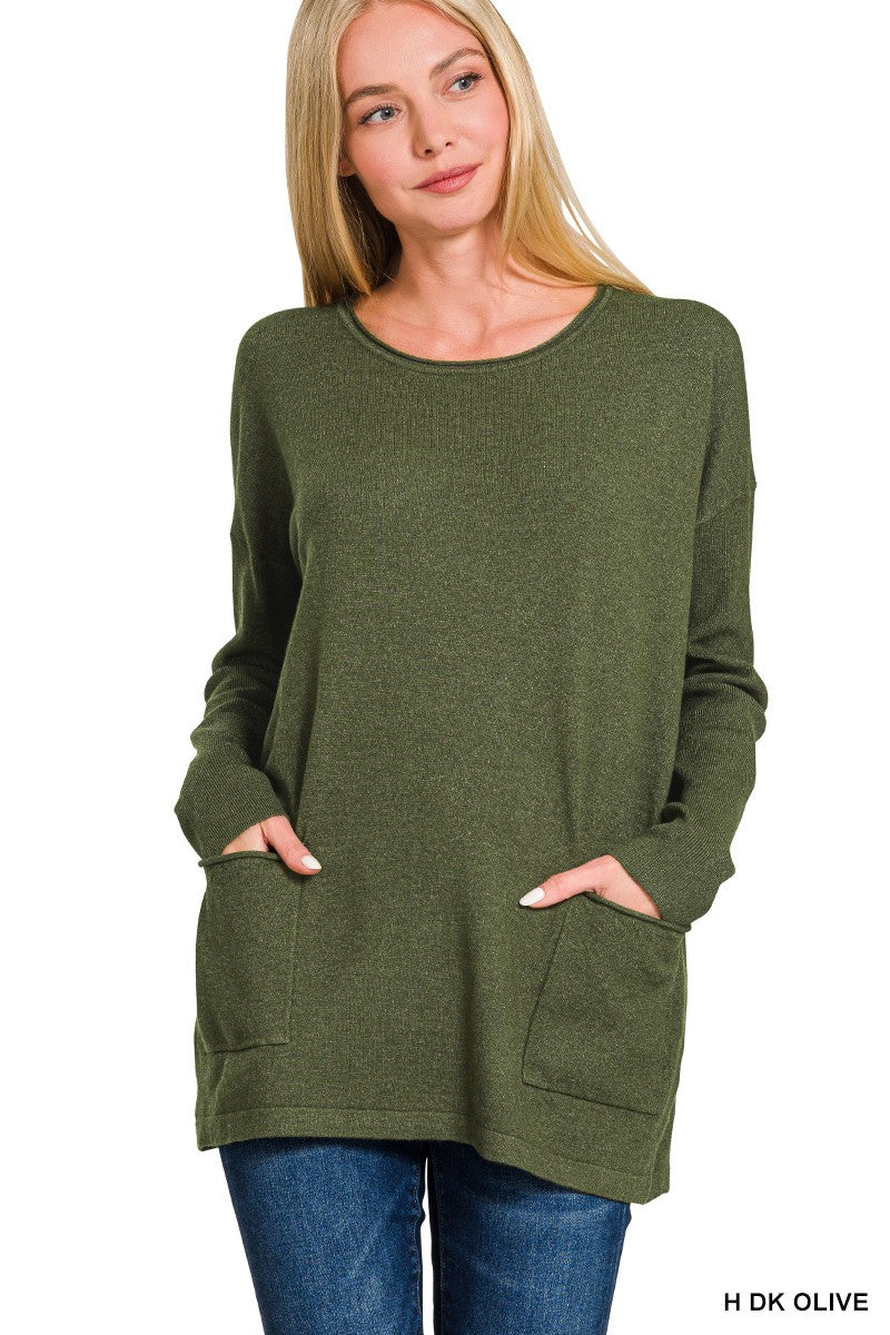 Front Pocket Sweater Top in H Dk Olive (REG)