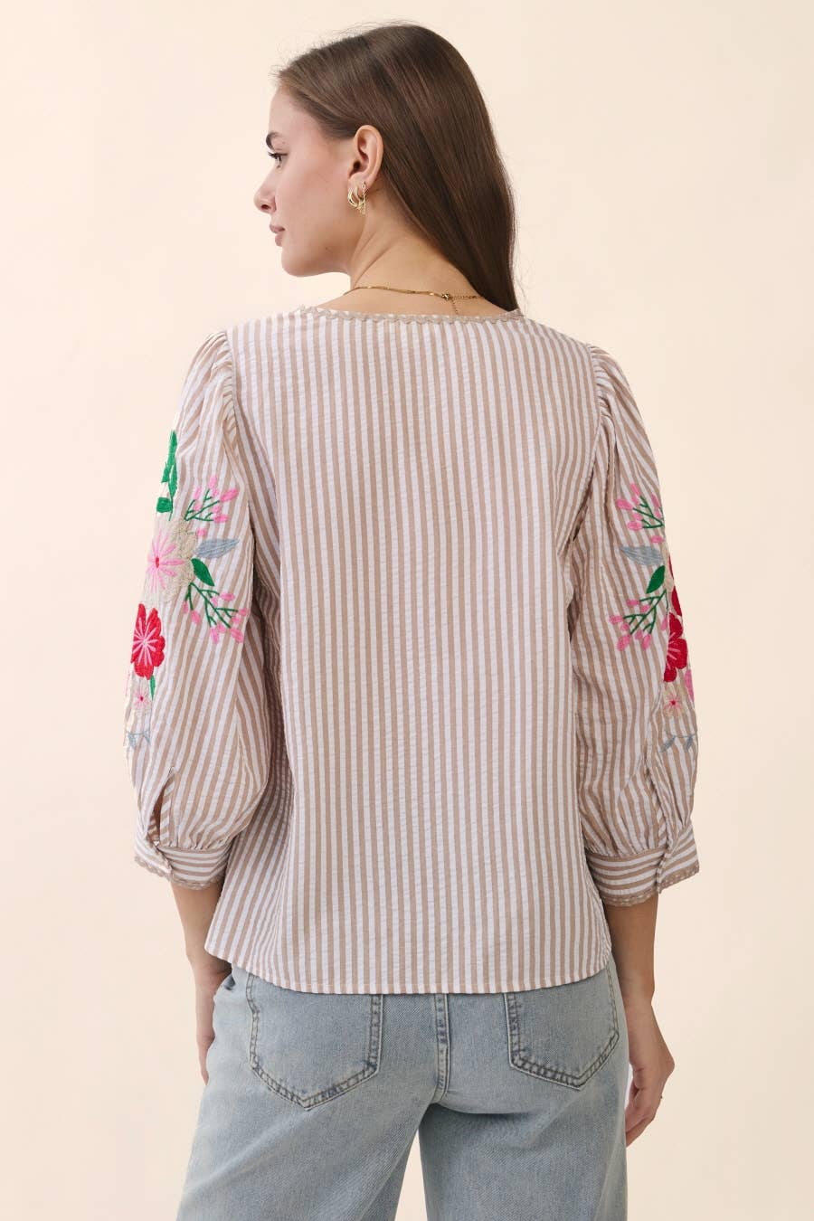 Floral Sleeve Striped Top in Taupe (PLUS)