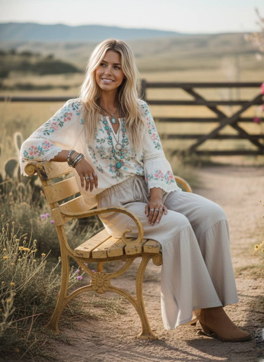 Tiered Linen Palazzo Pants in Natural (REG)