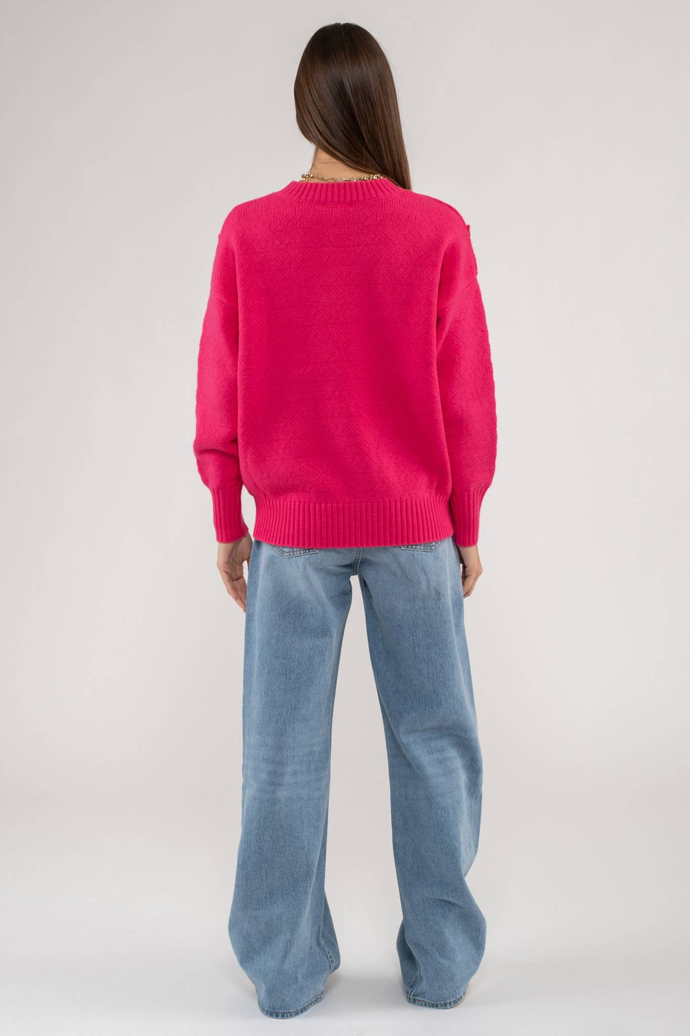 Button Tab Sweater in Fuchsia (REG)