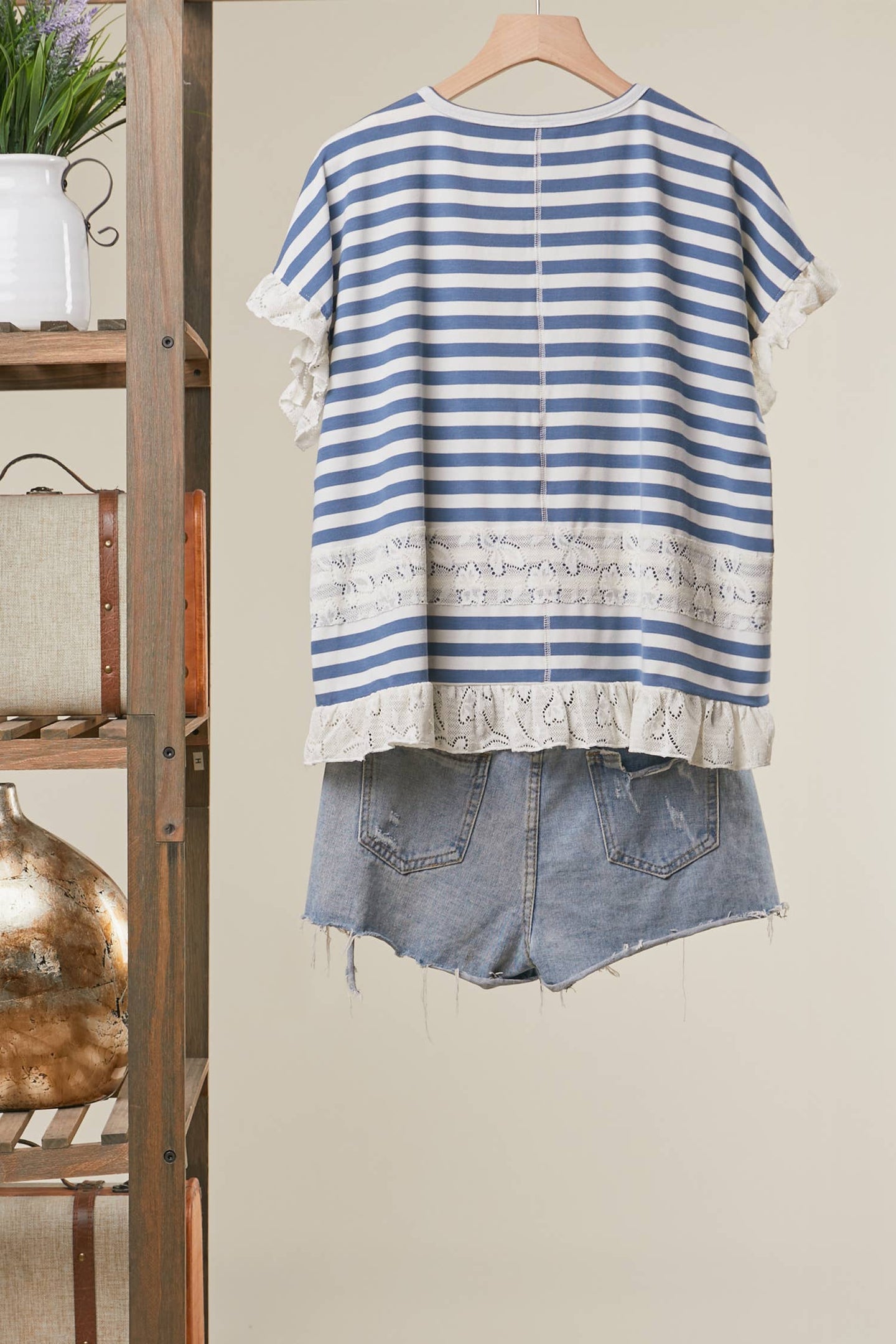 Lace Trim Striped Top in Blue (REG)