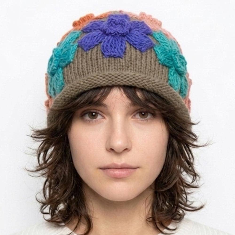 Floral Appliqué Knit Hat